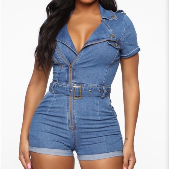 Let’s Motor Denim Romper - Medium Blue Wash - Picture 1 of 6